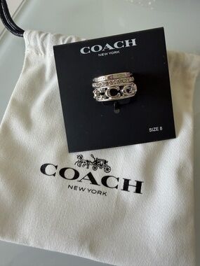 Coach Silver Logo pave Stackable Ring set - Size 8